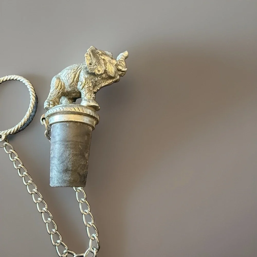Vintage Elephant Pewter Metal Cork Stopper Topper w/Chain Ring Barware Accessory